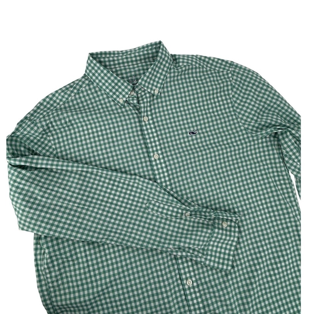 Vineyard Vines Performance Shirt Men Large Green Gingham Classic Fit Whale Shirt